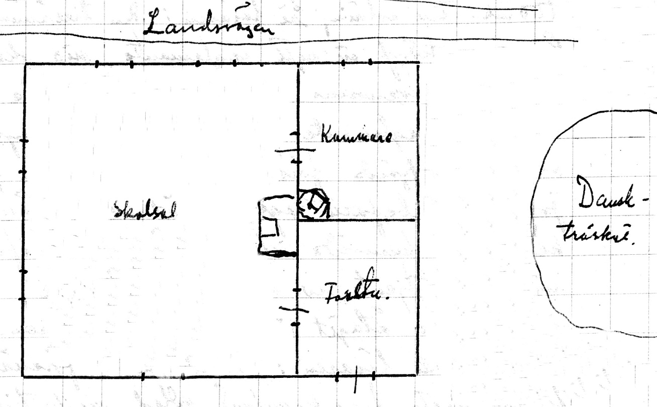 Så här trodde läraren Einar Lind att det första skolhuset i Dagsmark såg ut, det som byggdes av byamännen år 1860 med Johan ”Sebbin” Rosenback i spetsen.