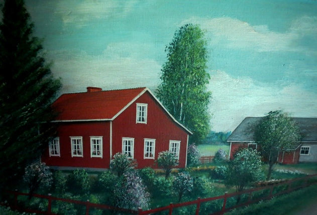 Så här såg Klemes-Kalles och Finas gård ut enligt konstnären Rosblom.