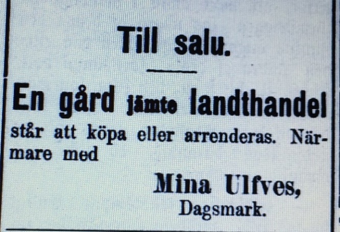 År 1905 bjöd Mina ut sin gård i tidningen Syd-Österbotten.