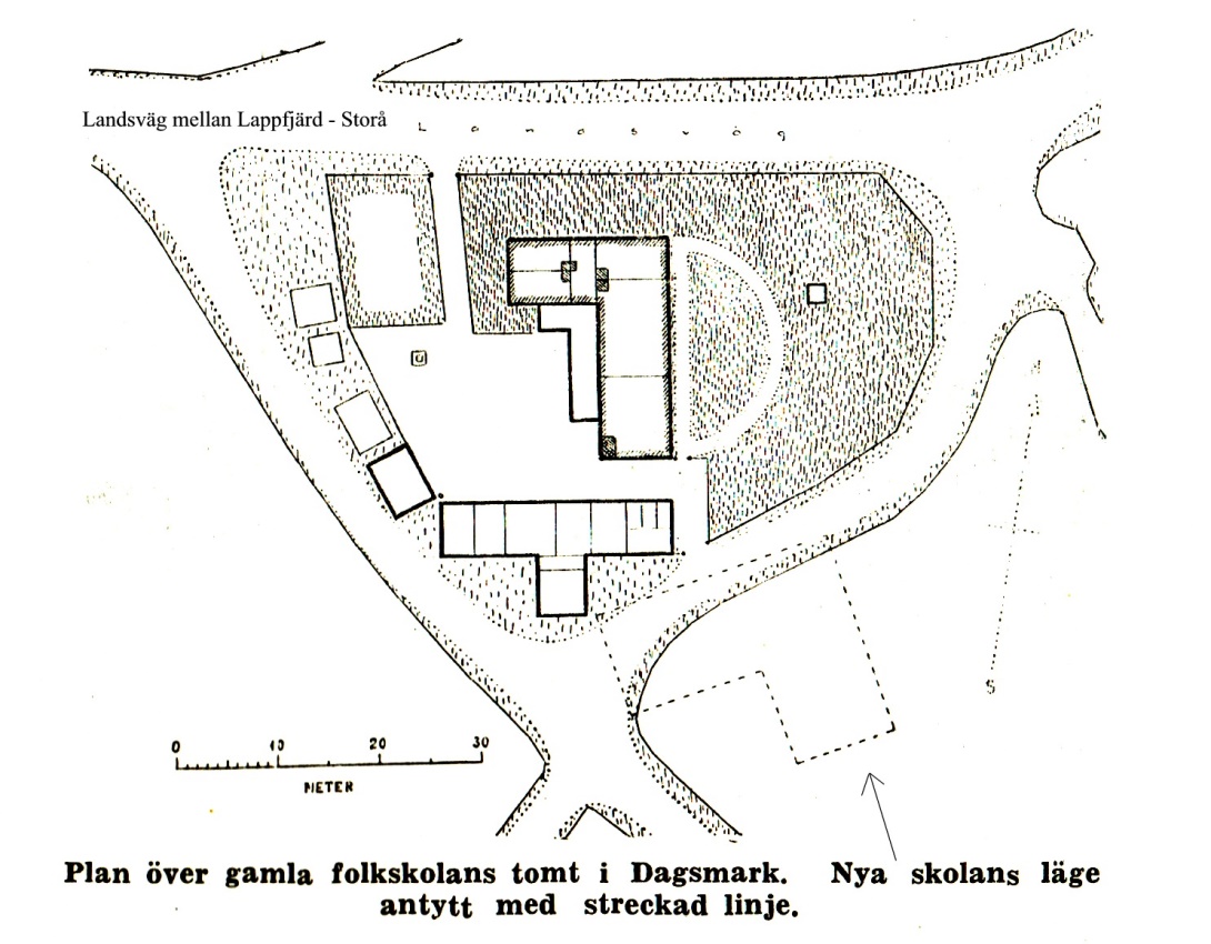 På Rurik Nylunds karta så ser vi var det gamla skolhuset stod. Här har det dock blivit tillbyggt flera gånger och flera uthus har också tillkommit. Nere på ritningen så ser vi den nuvarande skolbyggnadens läge.