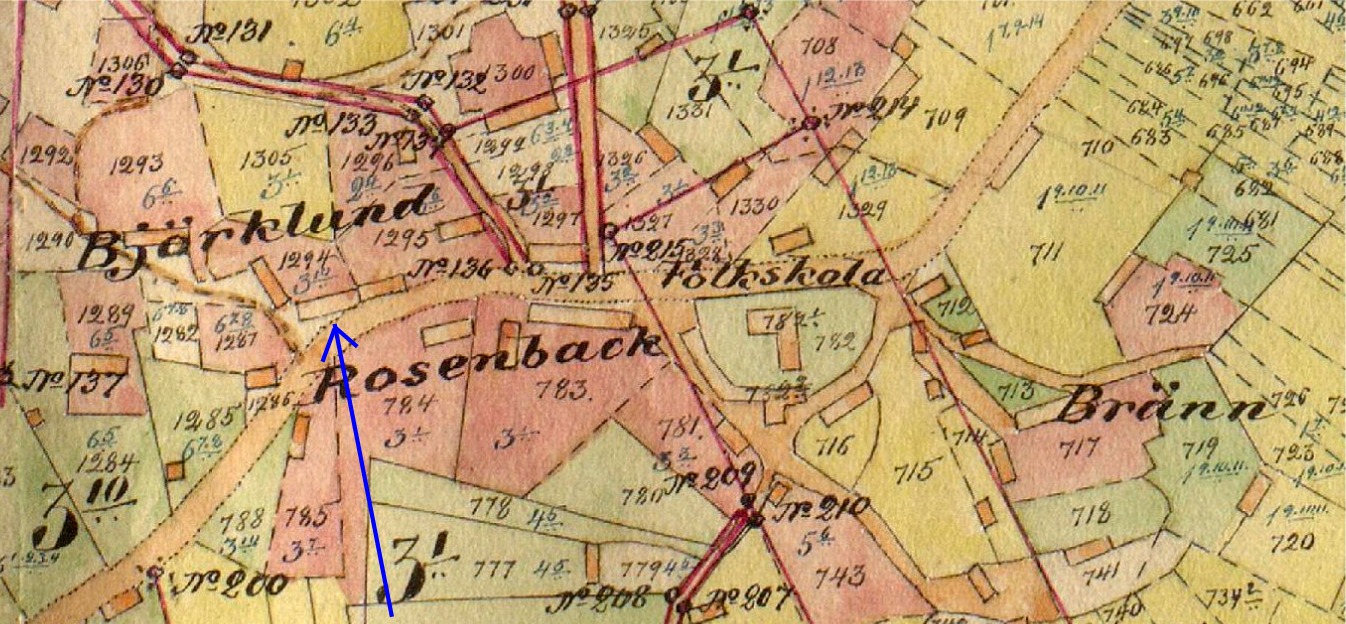 På storskifteskartan från början av 1900-talet ser vi vid pilen den gård som flyttades hit från Bötom i slutet på 1800-talet. På samma gårdsplan står Antas gamla gård med gaveln vänd mot landsvägen. Vägg i vägg med Dahlroos gård stod i tiderna Agnäs Henriks och Minas gård.