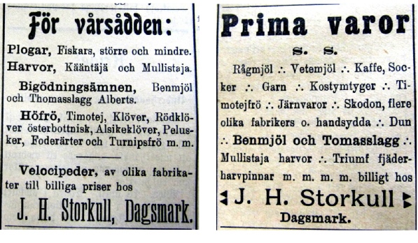 Till exempel så här kunde J. H. Storkull annonser i tidningen Syd-Österbotten redan år 1913, alltså 3 före han byggde sitt stora affärshus. Högst troligt så började han med sin handel i sitt hem på Koll-tå.