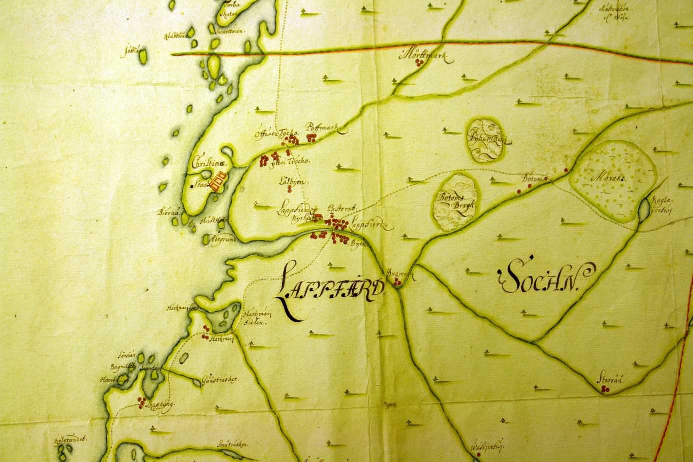 På denna karta från slutet av 1600-talet så ser man att det i Skaftung fanns 4 hemman, likaså i Härkmeri. I Lappfjärd fanns det närmare 30 hemman medan det i Dagsmark fanns endast 3. 
