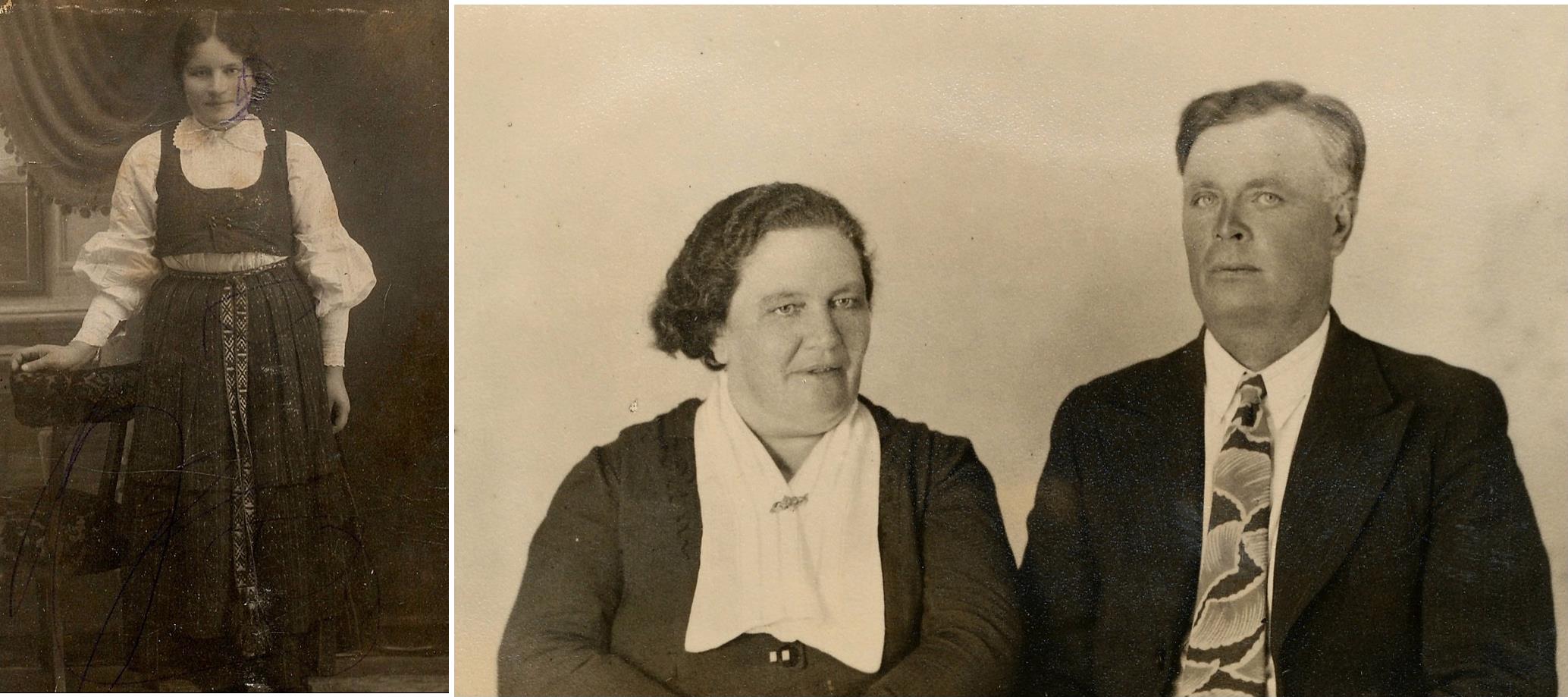 T.v. unga Hulda Lillkull. Till höger sitter hon med sin man Emil Norrgård.