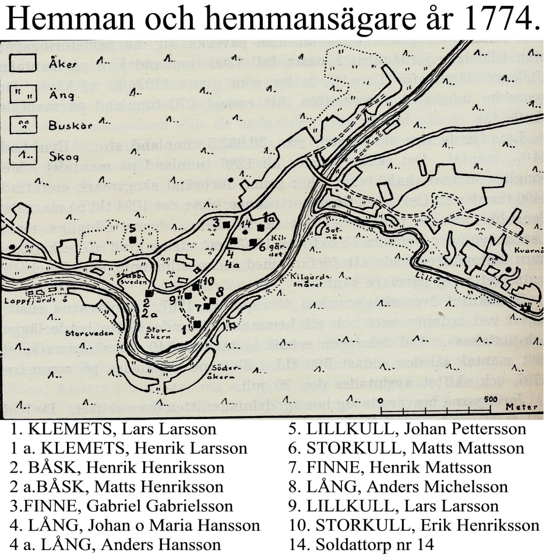 På denna karta som är ritad av Rurik Nylund så ser vi att alla hemman är samlade i Byin på Sebbasbackan och ner mot Storåkrin.