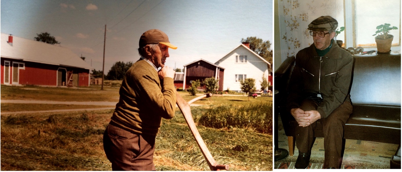På bilderna ”Antas-Otto” på äldre dagar. På bilden till vänster syns härbret, som revs på 1980-talet och på fotot till höger sitter Otto i finsoffan där Huhtala. 