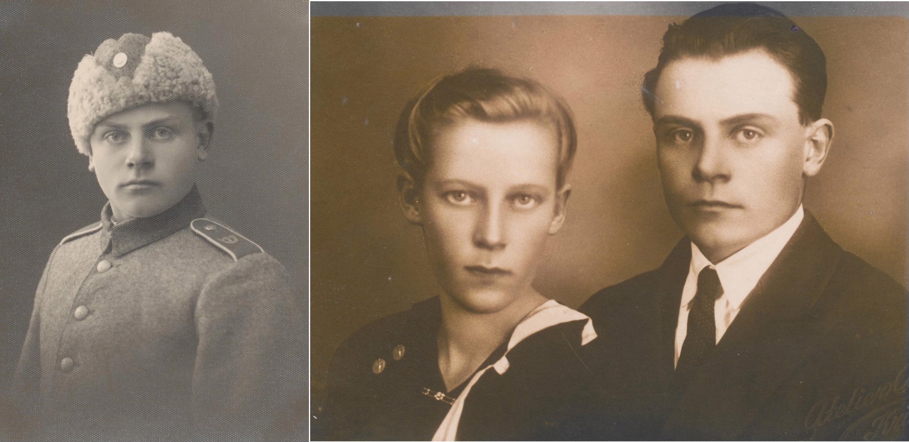 På bilden till vänster Valter i militären. Han deltog både i vinterkriget och i fortsättningskriget. På bilden till höger Valter och Ida Långfors.