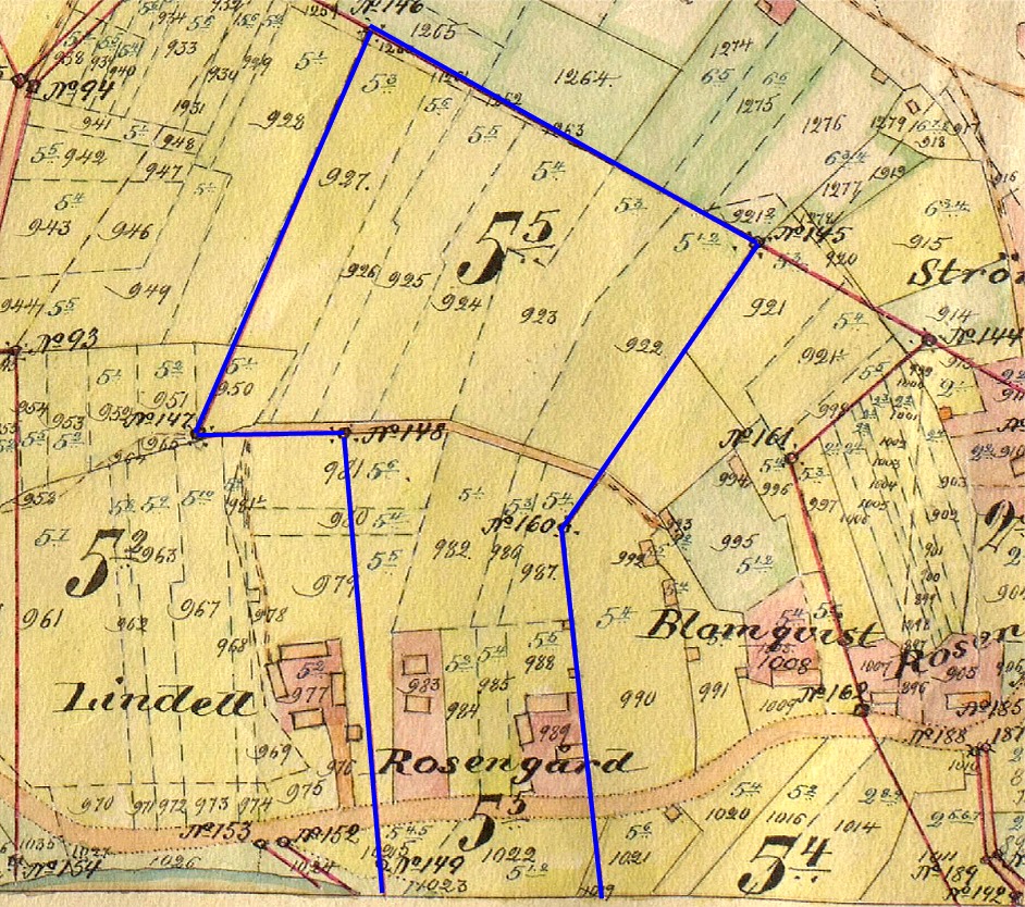 På storskifteskartan så är Rosengårds hemskifte utmärkt med en blå linje och gården där Ana-Kajs bodde finns på figur 983 i den vänstra sidan.