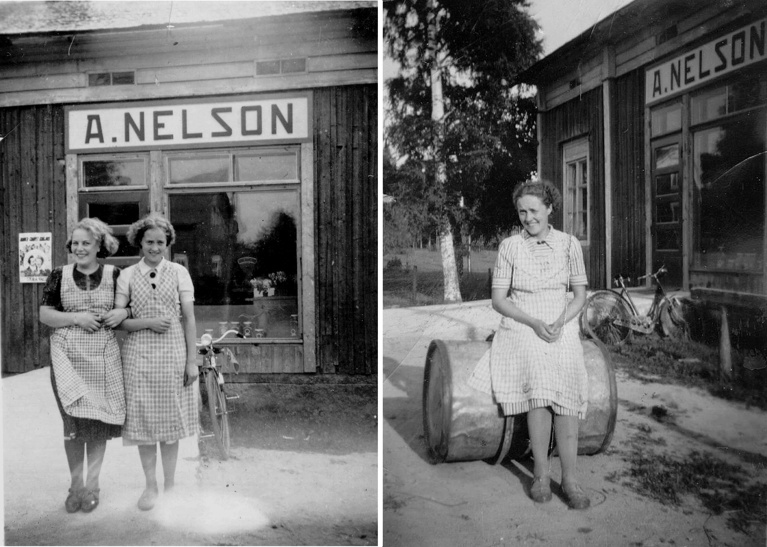 Här framför Axels butik står båda biträden Astrid Björklund (senare Granér) och Ellen Söderqvist (senare Sten). På tunnan till höger sitter Ellen Söderqvist.