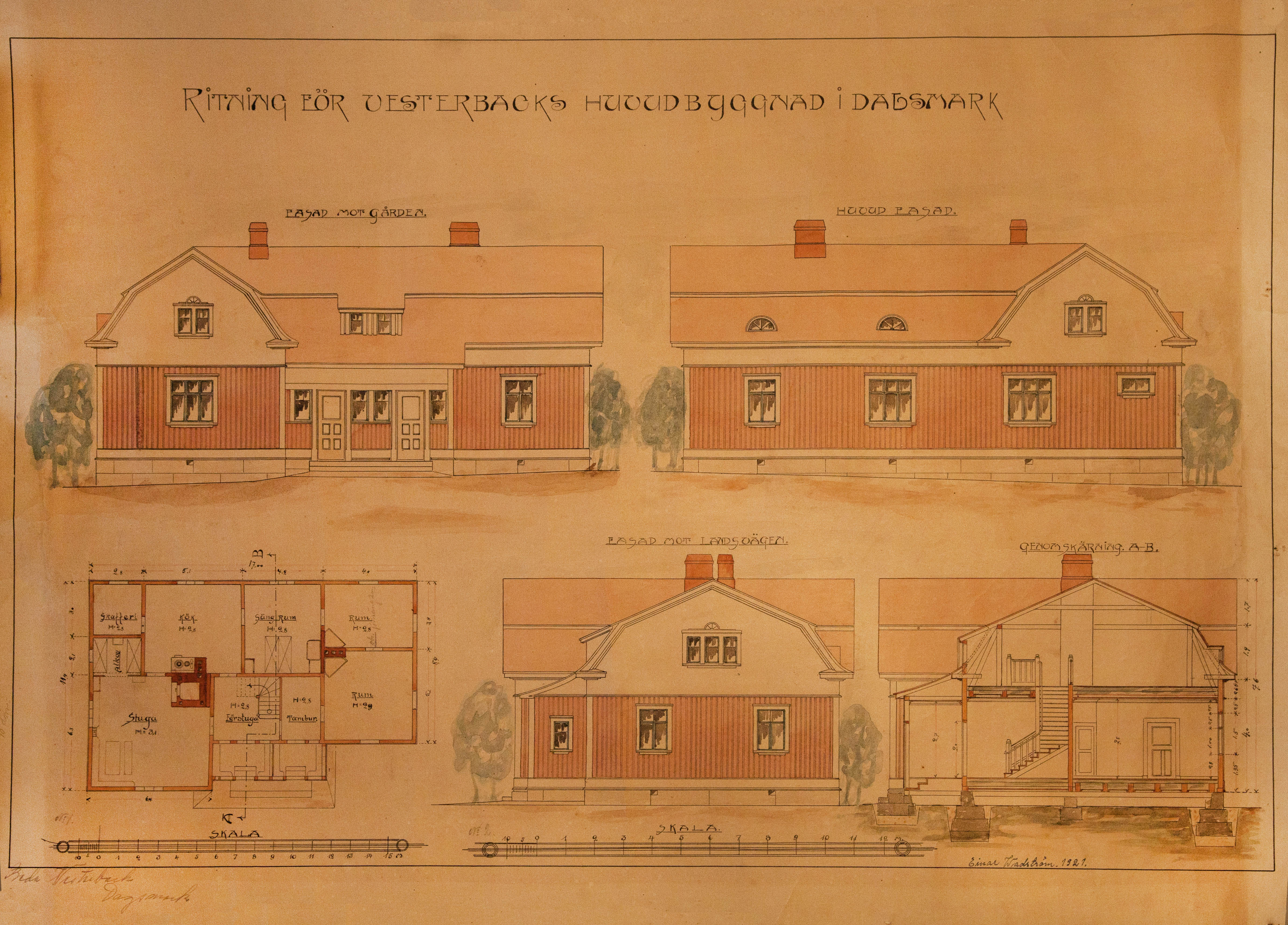 Här hela ritningen i färg, med bottenplan och fasader, till och med en genomskärning. Längst ner i historiken hittar du större bilder av denna ritning. 