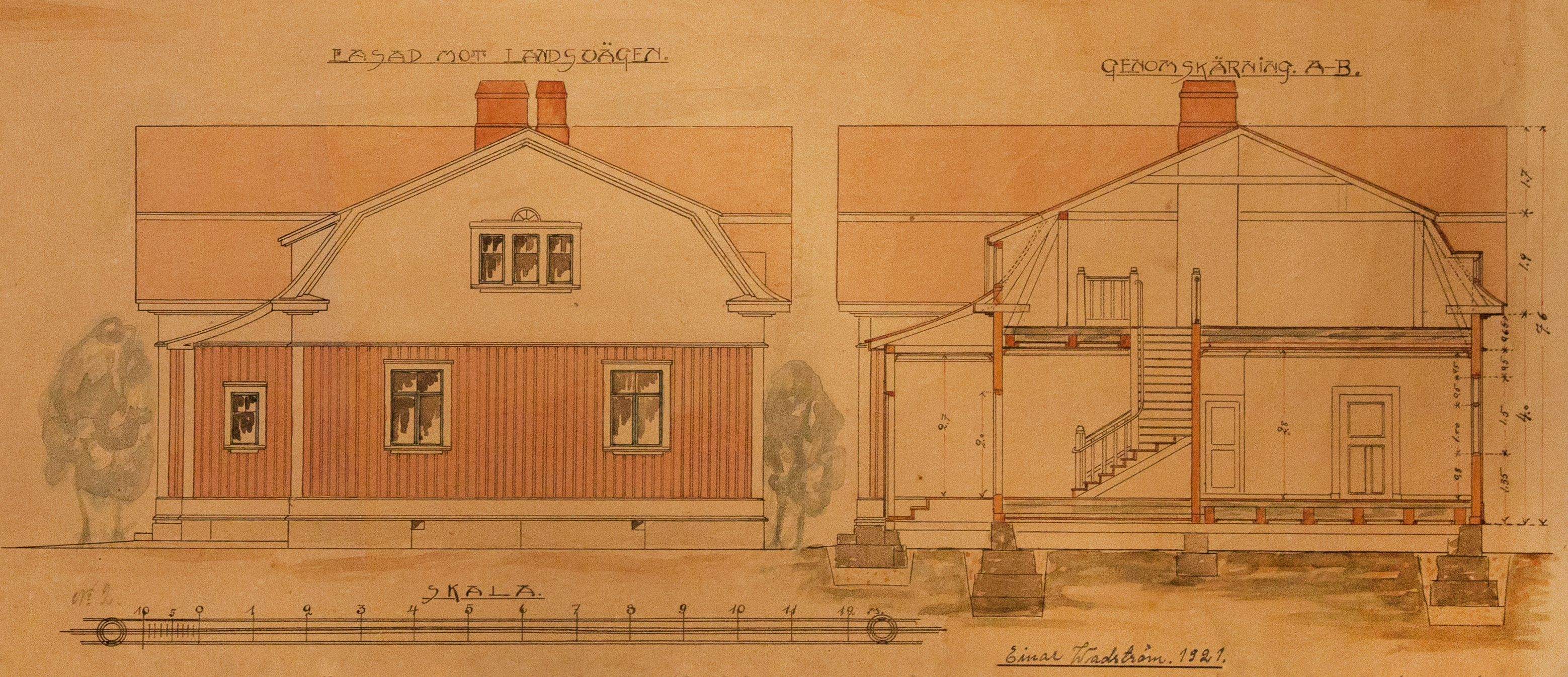 Här står det att det var lärarsonen Einar Wadström som hade gjort ritningen år 1921, året före gården byggdes.