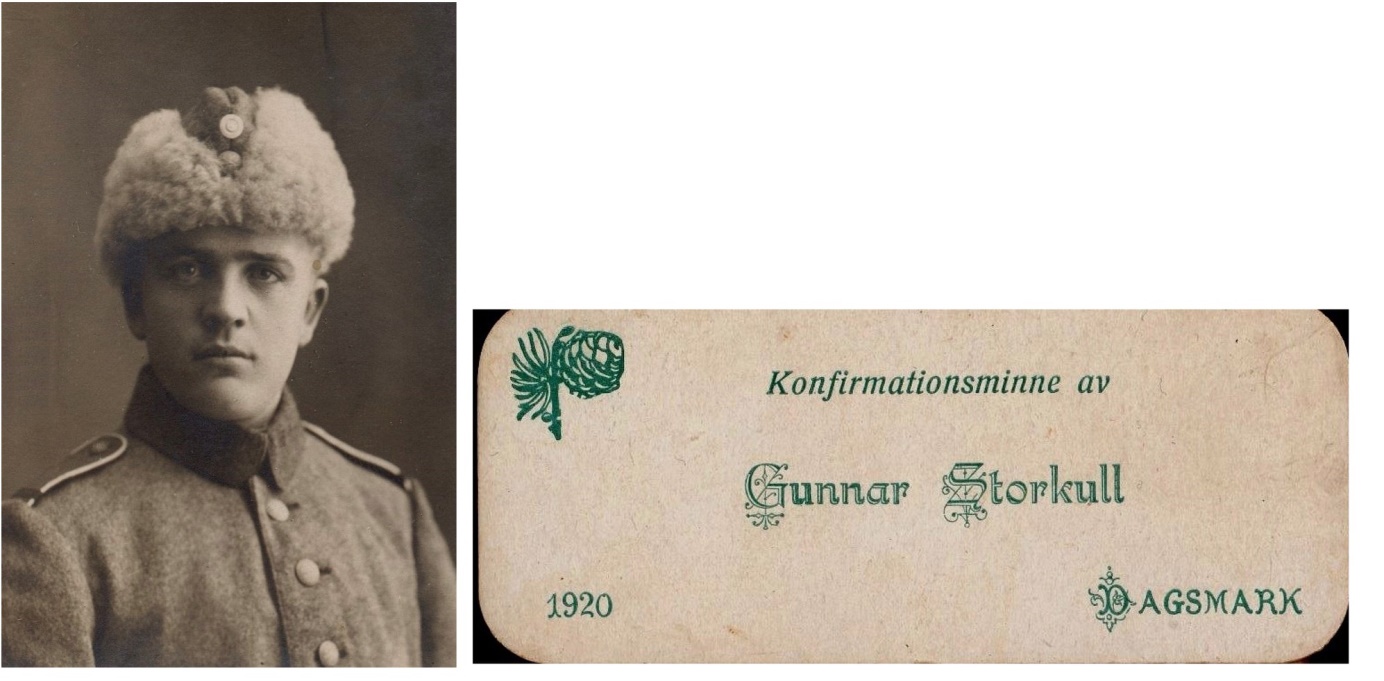 På bilden från 1924 Gunnar i militären och till höger ser vi att han konfirmerades 1920. Gunnar gifte sig år 1928 och på fotot här under en del av bröllopsgästerna från bröllopet i brudens hem i Pjelax.