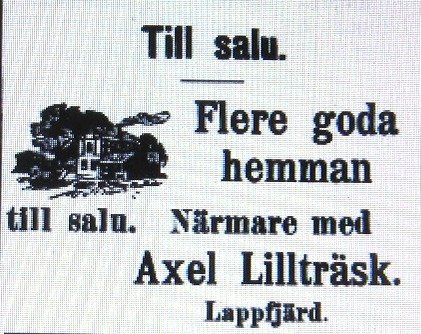 Axel Lillträsks annons i Syd-Österbotten i september 1910.