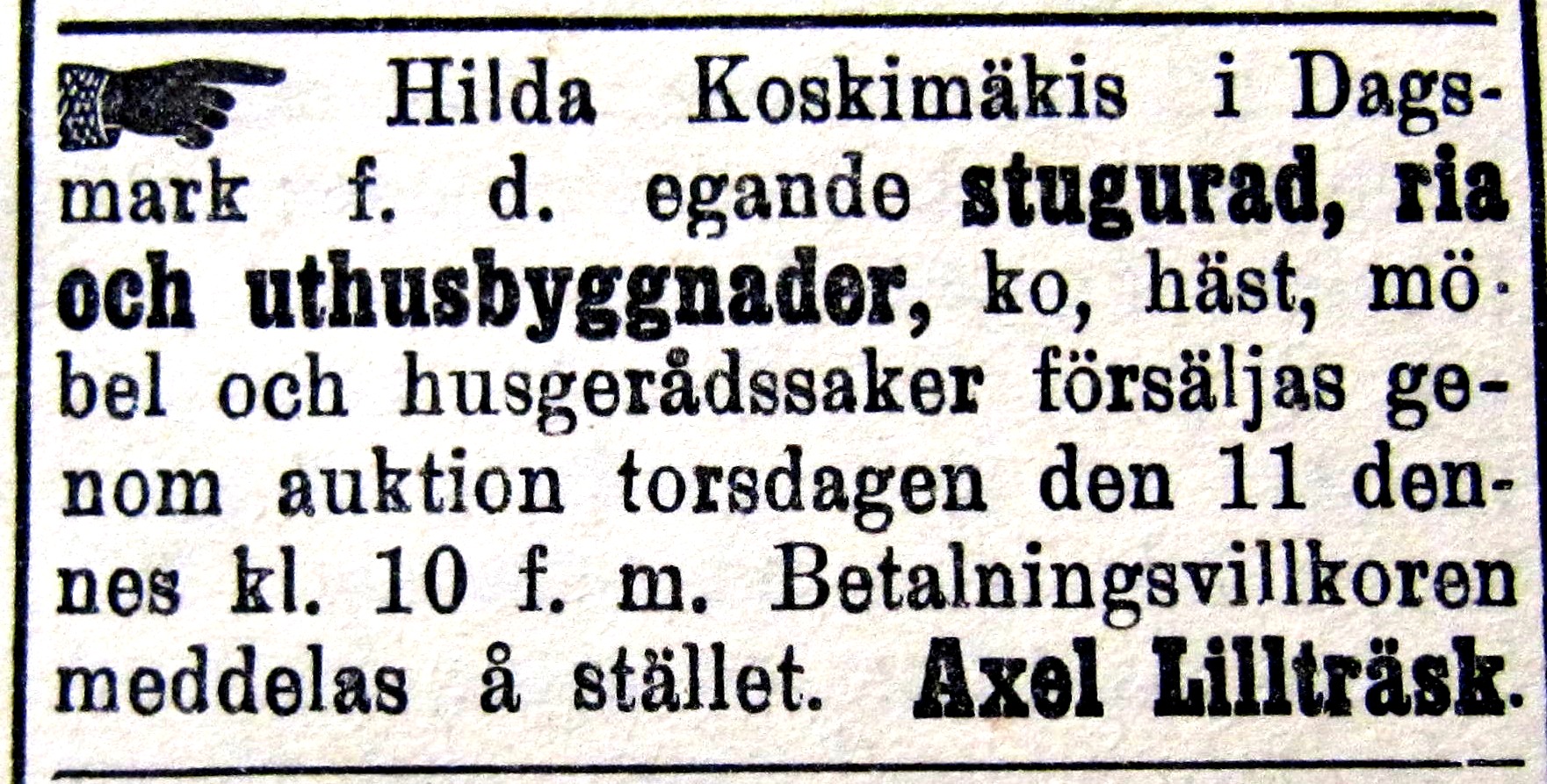 Här ser vi hur affärsmannen Axel Lillträsk säljer Dragås-Hildas hus, djur och husgeråd på auktion i slutet av år 1914.