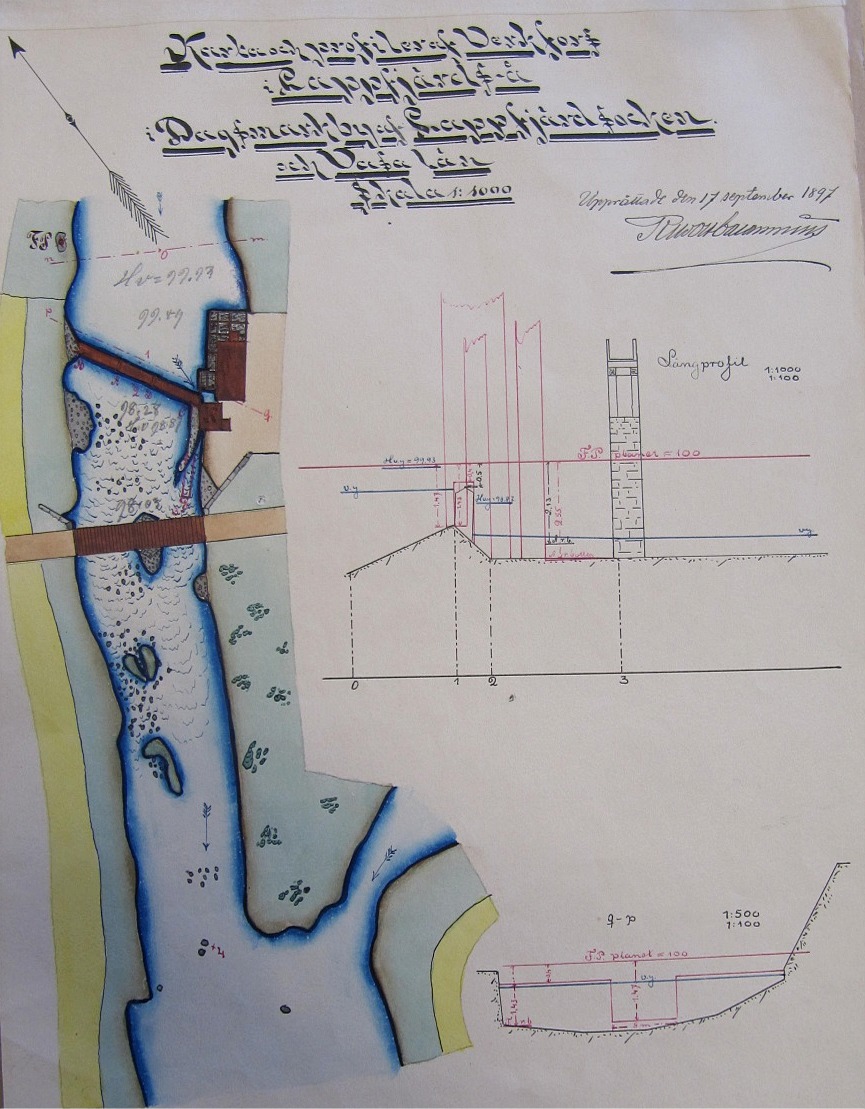 Här en karta från år 1897 som visar var Storbron är belägen i Verkforsen i centrala Dagsmark. Notera också kvarnens och sågens placering strax ovanför bron.