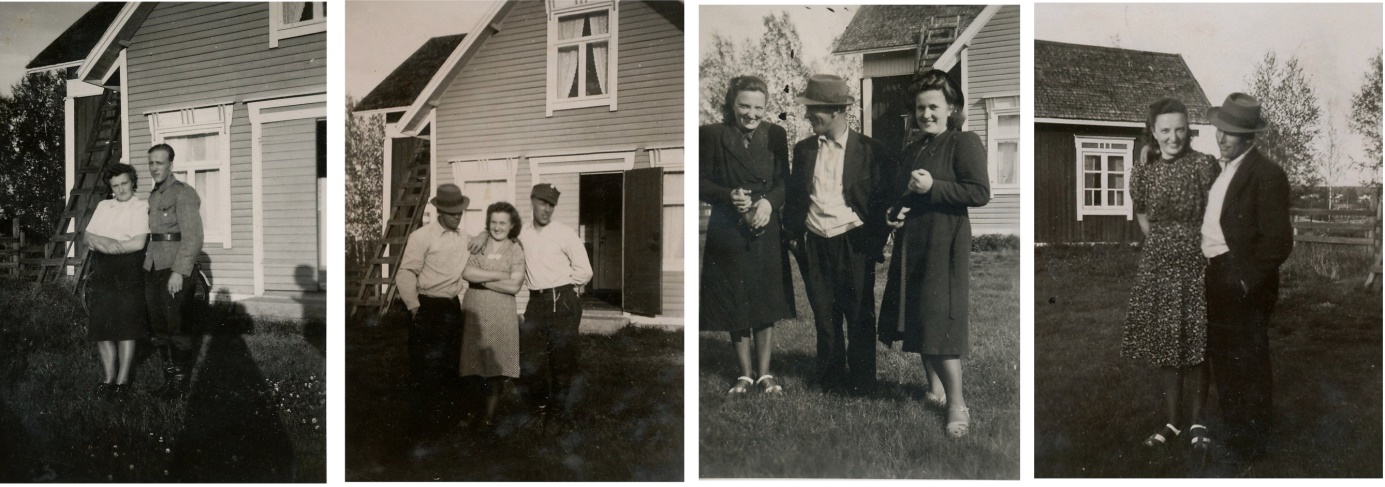 På första bilden Hildur och Eskil Storkull utanför hennes barndomshem. På den andra bilden är också Alfred med. På den tredje bilden står Gerda och Alfred tillsammans med Hildur och på den sista bilden står Gerda och Alfred framför lillstugan.