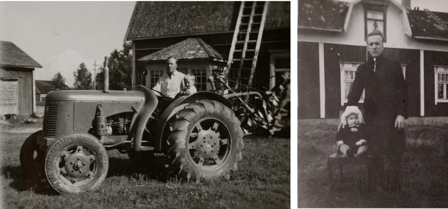 Eskil var intresserad av maskiner och här sitter han på traktorn utanför Koll-gården tillsammans med sonen Ralf, f. 1944. På fotot till höger står Eskil utanför Hildurs barndomshem med sonen Ralf i mitten på 40-talet.