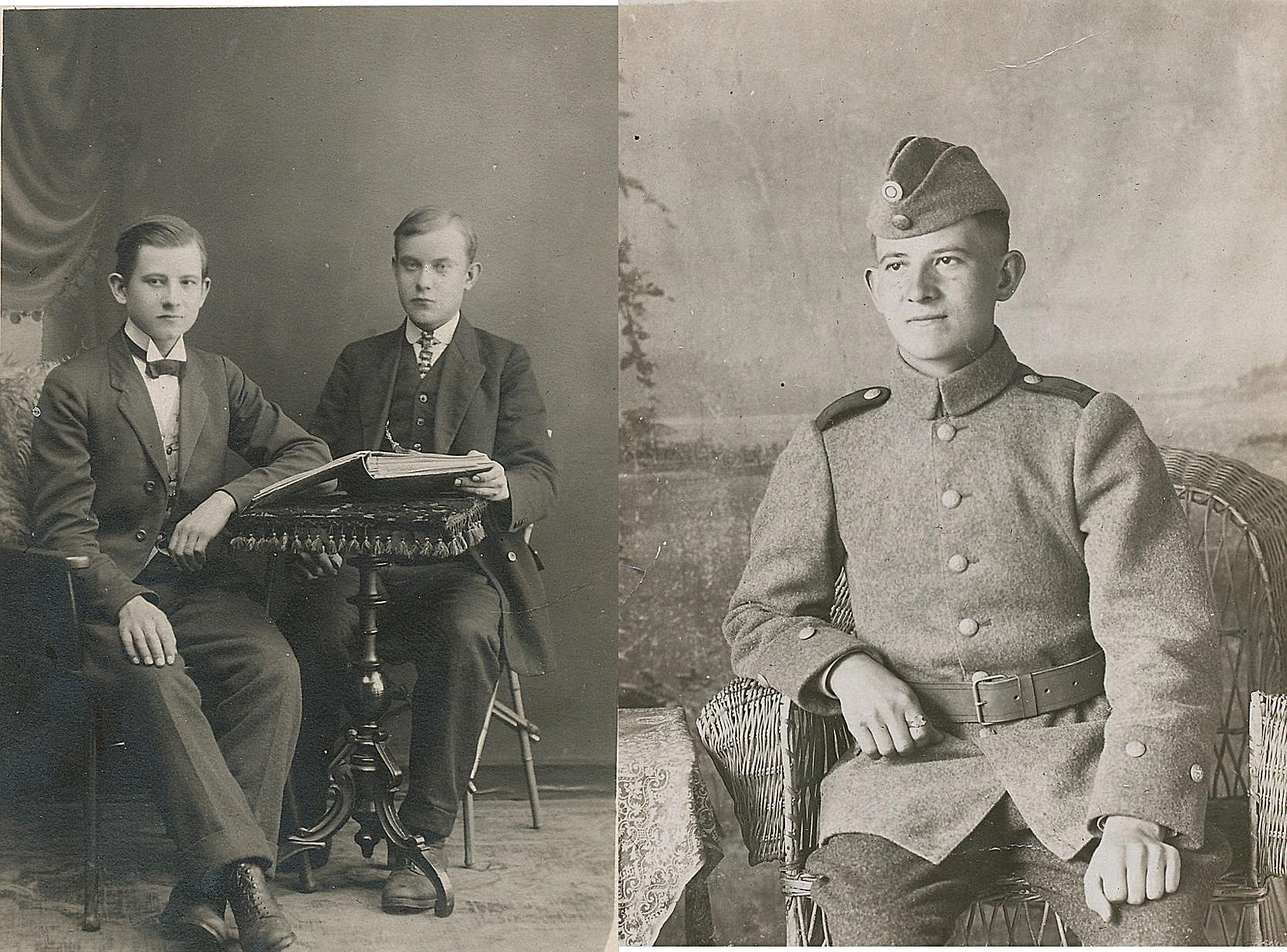 På bilden till vänster Oskar tillsammans med sin bror Frans ungefär år 1916. På bilden till höger Oskar i den nybildade finska militären, troligtvis 1918 just då Finland blivit självständigt.