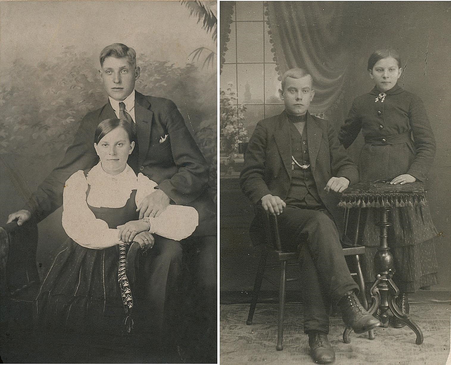 På fotot till vänster yngsta dottern Hilma Kaskimäki tillsammans med sin man Emil Sigg, de bodde en tid på Byåsen i en gård som stod där stadens radhus står i dag, sedan bodde de i Helsingfors. På bilden till höger Hilma tillsammans med sin bror Frans år 1918. 