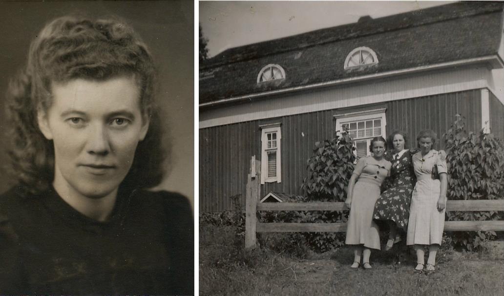 Ragni på bilden t.v. På bilden till höger står Elvi Holmudd, Lilja Nordberg och Ragni Eklund nedanför Westerbacks gård på Åddin. 