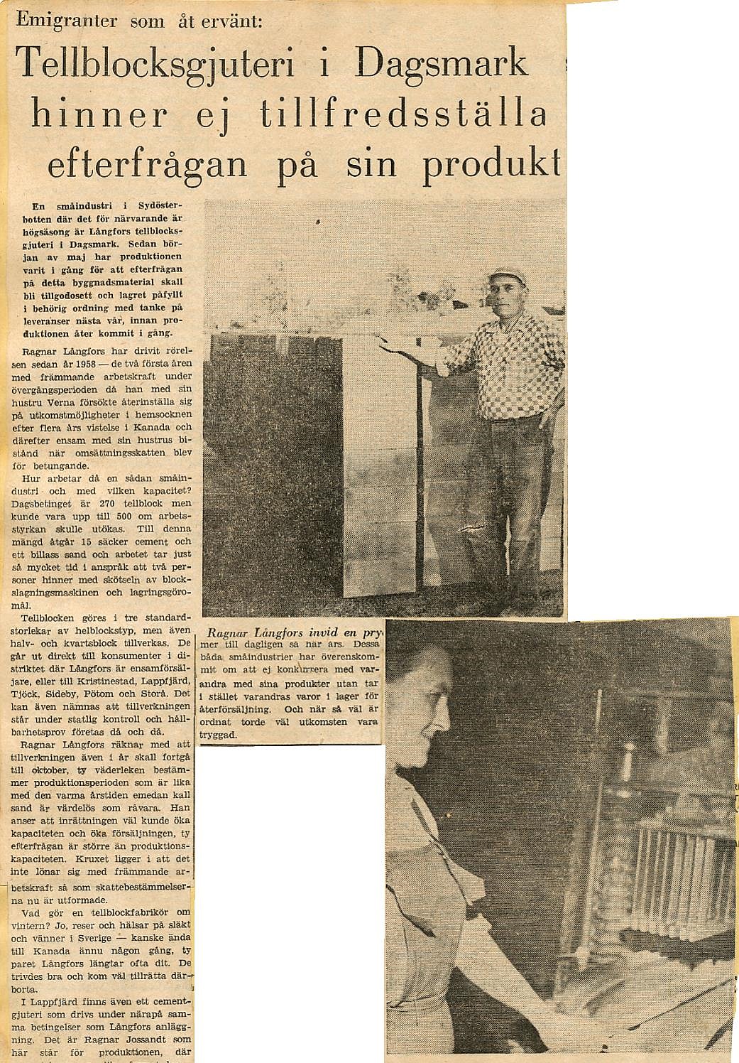 Tidningsartikel om Ragnar och Verna Långfors i början på 60-talet. 
