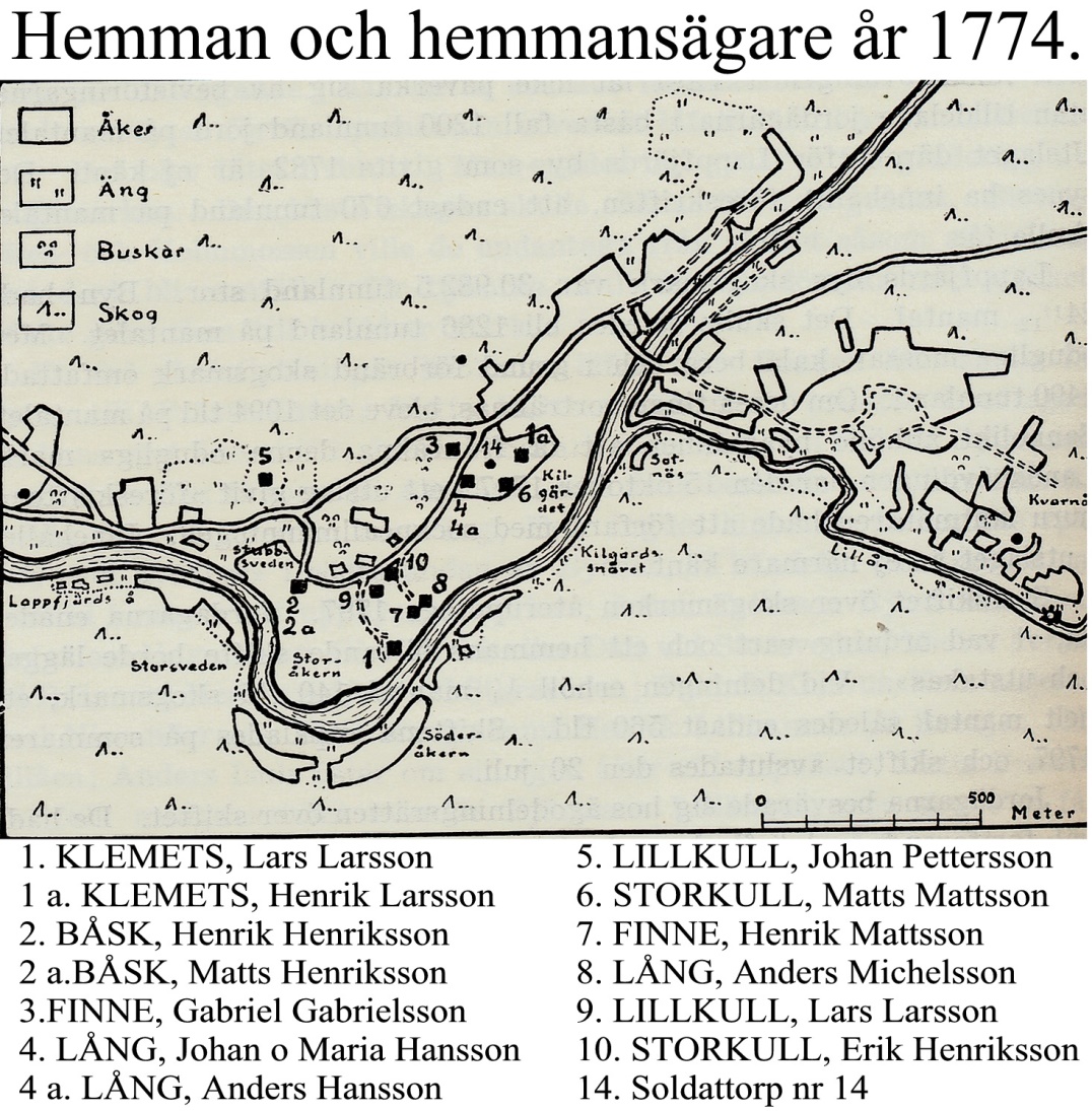 Här kartan som Rurik Nylund ritade över de tidiga hemmanen i Dagsmark.