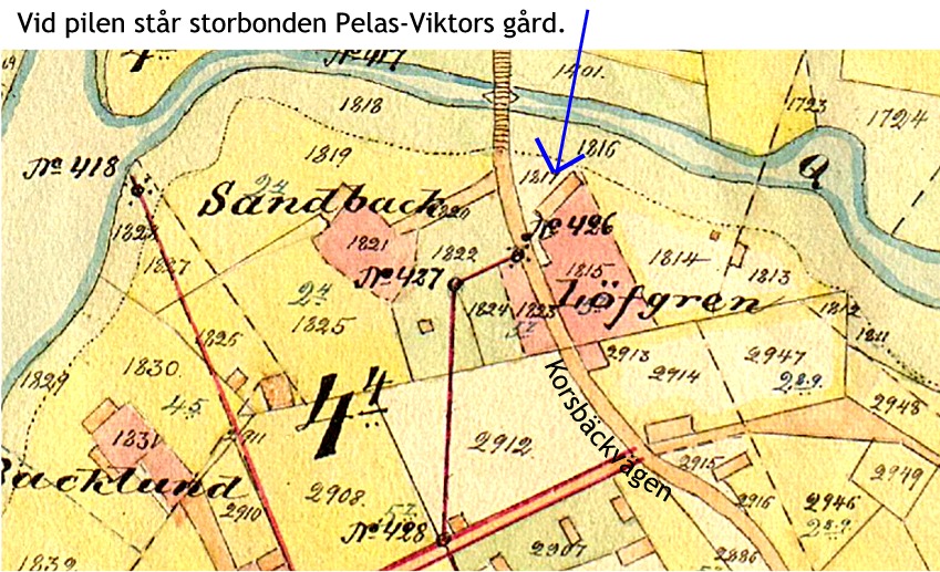På den här kartan från början av 1900-talet syns både huvudbyggnaden och lillstugan, som står längs med Korsbäckvägen. 