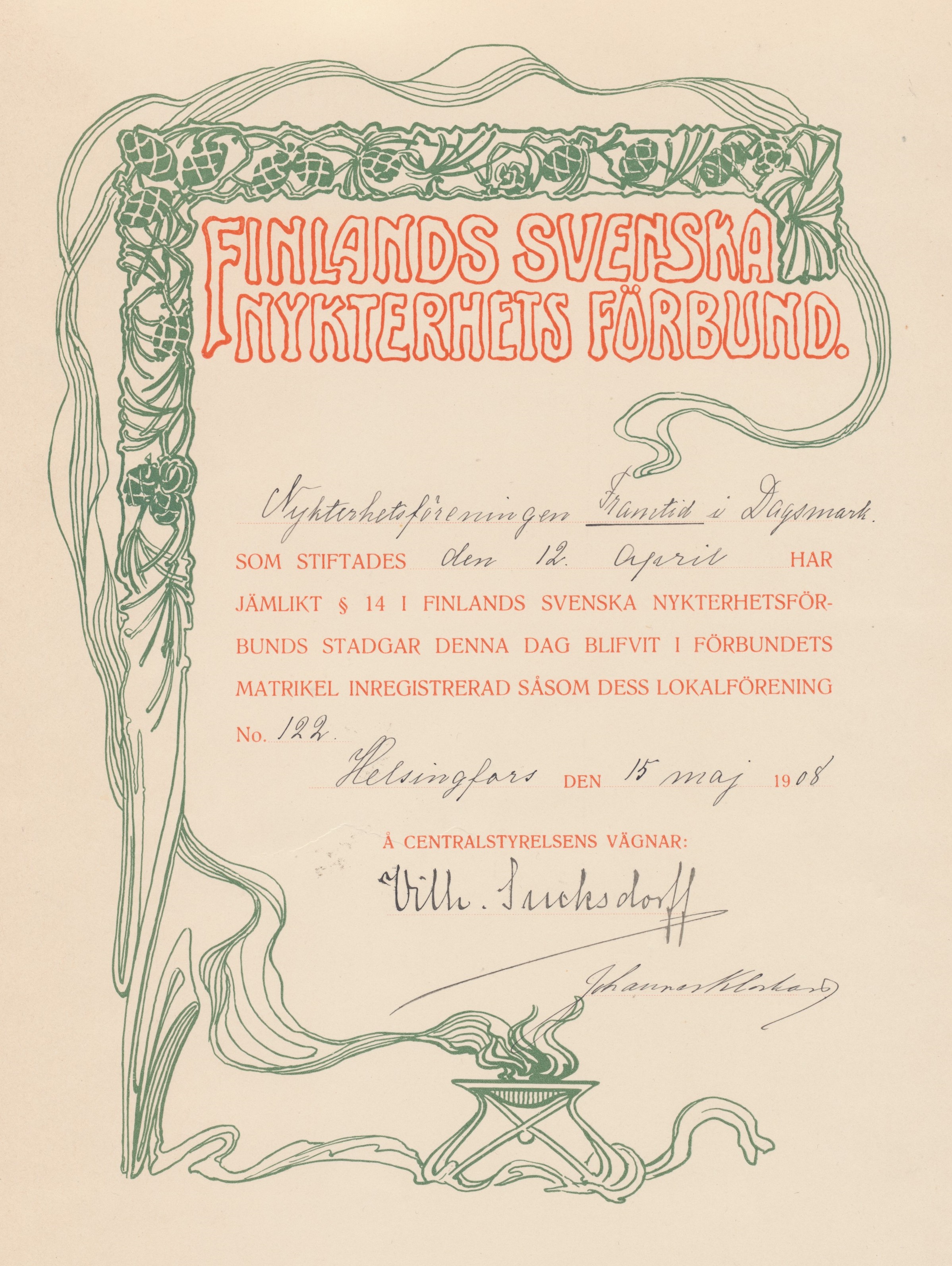 Här diplomet som visar att nykterhetsföreningen Framtid blivit medlem i Finlands Svenska Nykterhetsförbund.