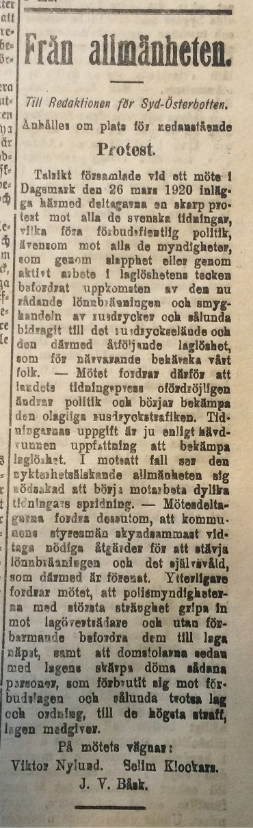 Så här såg protesten ut som föreningen publicerade i tidningen Syd-Österbotten den 7 april 1920.