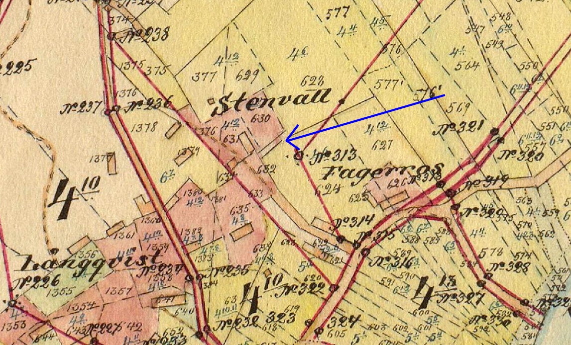 Här på storskifteskartan så ser vi var Kaalas-Hindrikas gård stod i början på 1900-talet. Här blev Josef Henrik Storkull från Brobackan måg då han gifte sig med Maria Lång.