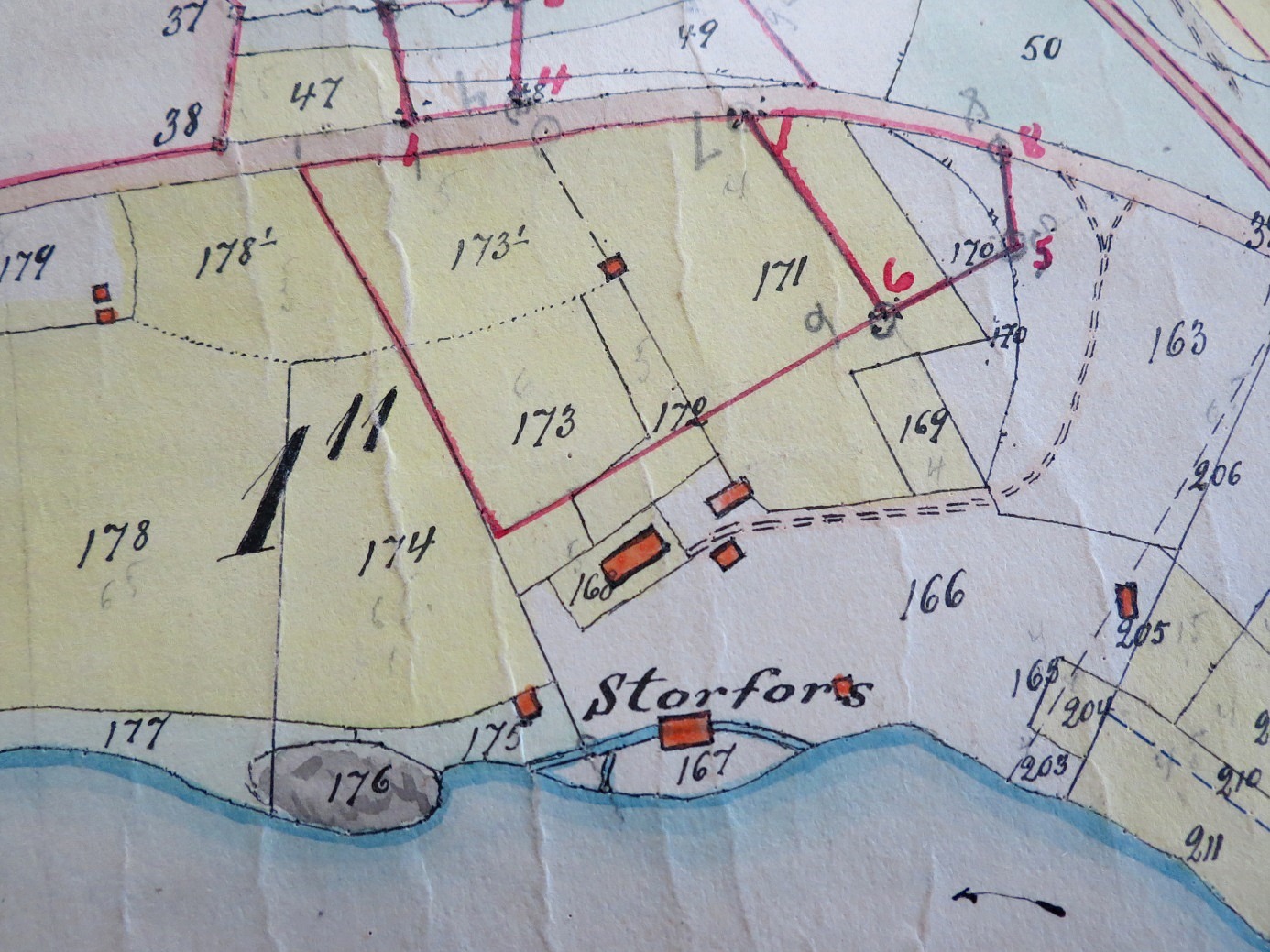 Här syns det bra var Storfors Såg och de övriga byggnaderna var belägna. Del av storskifteskartan över Dagsmark från början av 1900-talet. 