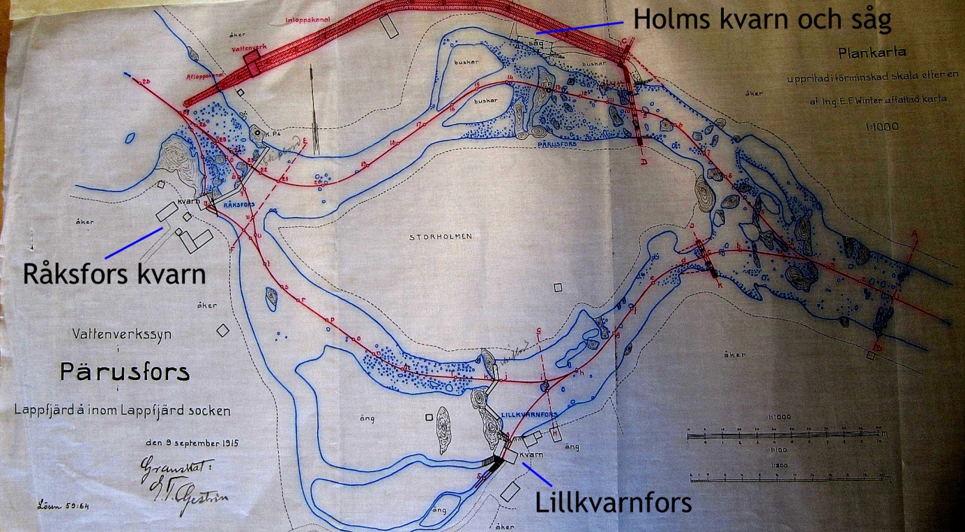 På kartan från år 1915 så ser vi bra var de 4 kvarnarna fanns i tiderna. Originalkartan finns på Landsarkivet i Vasa.