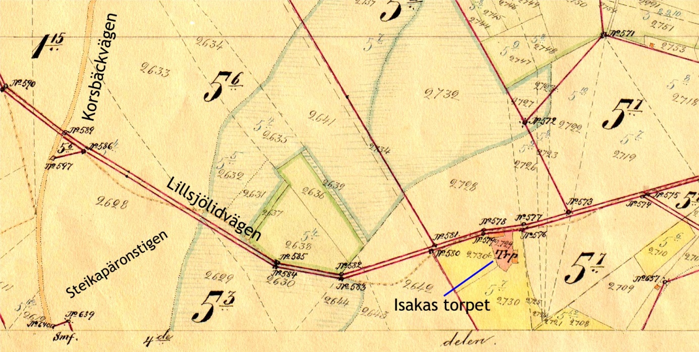 Gården stod nära Lillsjölidvägen mellan Bergåsen och Lillsjö. Från Lillsjölidvägen gick det förr en körbar genväg genom Karl-Erikas skog som kallades för Steikapäronstijin, som inte syns längre.