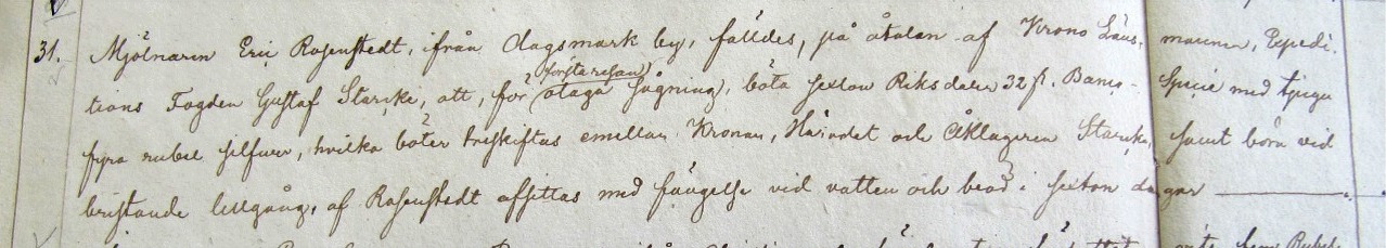 Domboken från 1844 på Landsarkivet i Vasa, som visar att Rosenstedt dömts till böter eller till "fängelse vid vatten och bröd".