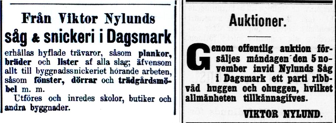 Redan från början var Viktor en flitig annonsör i tidningen Syd-Österbotten och det verkar som om marknadsföringen lyckats bra. Annonserna här ovan är från år 1905 och redan då ville han bygga både skolor och butiker. 