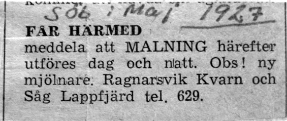 Det här torde vara Brobergs annons i Syd-Österbotten i maj 1927.