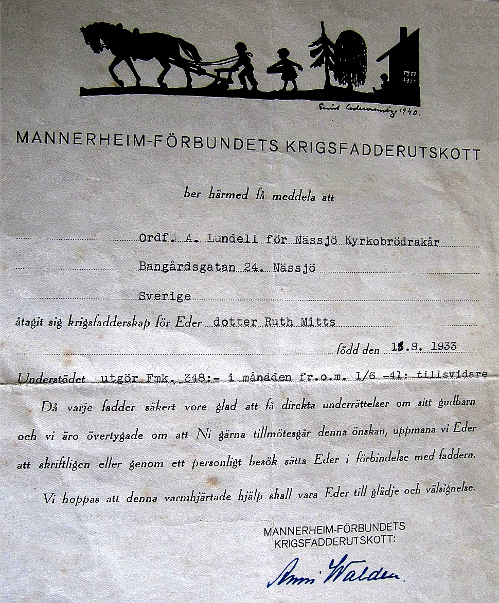 Alf Mitts fick regelbundet bidrag från Nora Missionsförenings ungdomsförbund i Tärnsjö i Sverige och systern Ruth fick bidrag från Nässjö Kyrkobrödrakår i Sverige, via dess ordförande Albert Lundell. 
