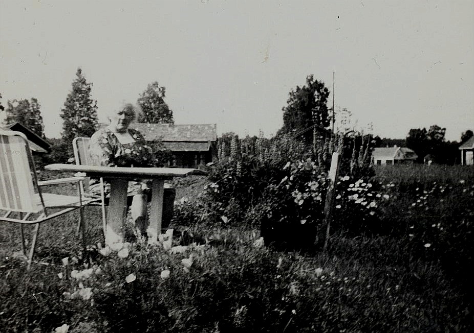 Här sitter Alice ute i trädgården. Bakom henne skymtar Rosengren Arturas, till höger Westerbacks gård på Åddin och i högra kanten syns en del av bönehuset.