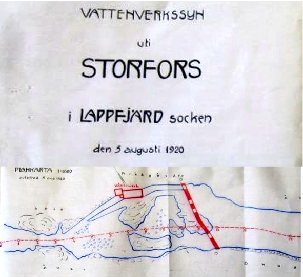 Denna karta uppgjordes vid vattenverkssynen år 1920 och visar med rött var dammen och "vattenverket" skulle byggas.. 