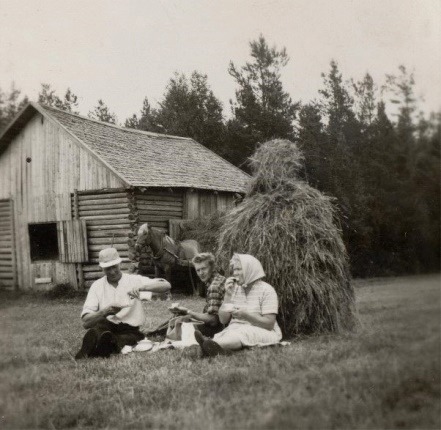 På detta fina foto som Lilli har tagit sitter Gunnar och Guldi i gräset tillsammans med sonen Harry. Säg vad man vill om höbärgning för hand men nog ser pausen för härlig ut! Bilden är tagen nära Bergåsen med Bymossen i bakgrunden. Se också hur den gamla stockladan har förstorats genom att skarva i den på mitten med bräder