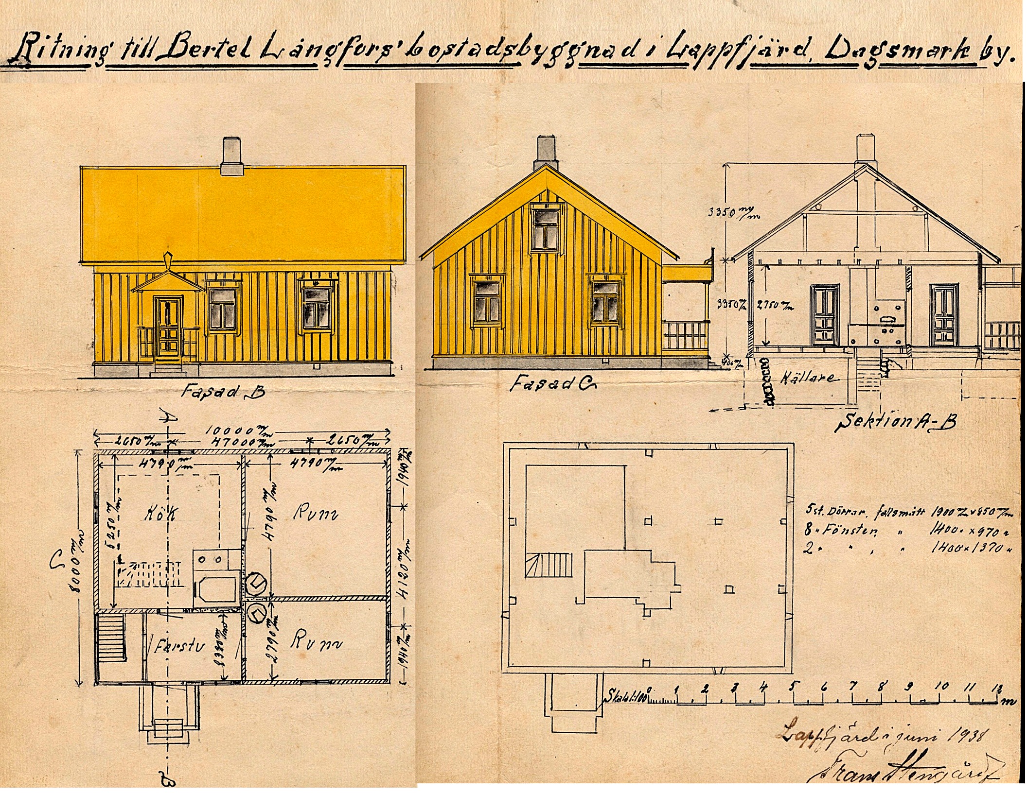 Så här fin ritning gjordes år 1938 då Långfors nya gård skulle byggas.