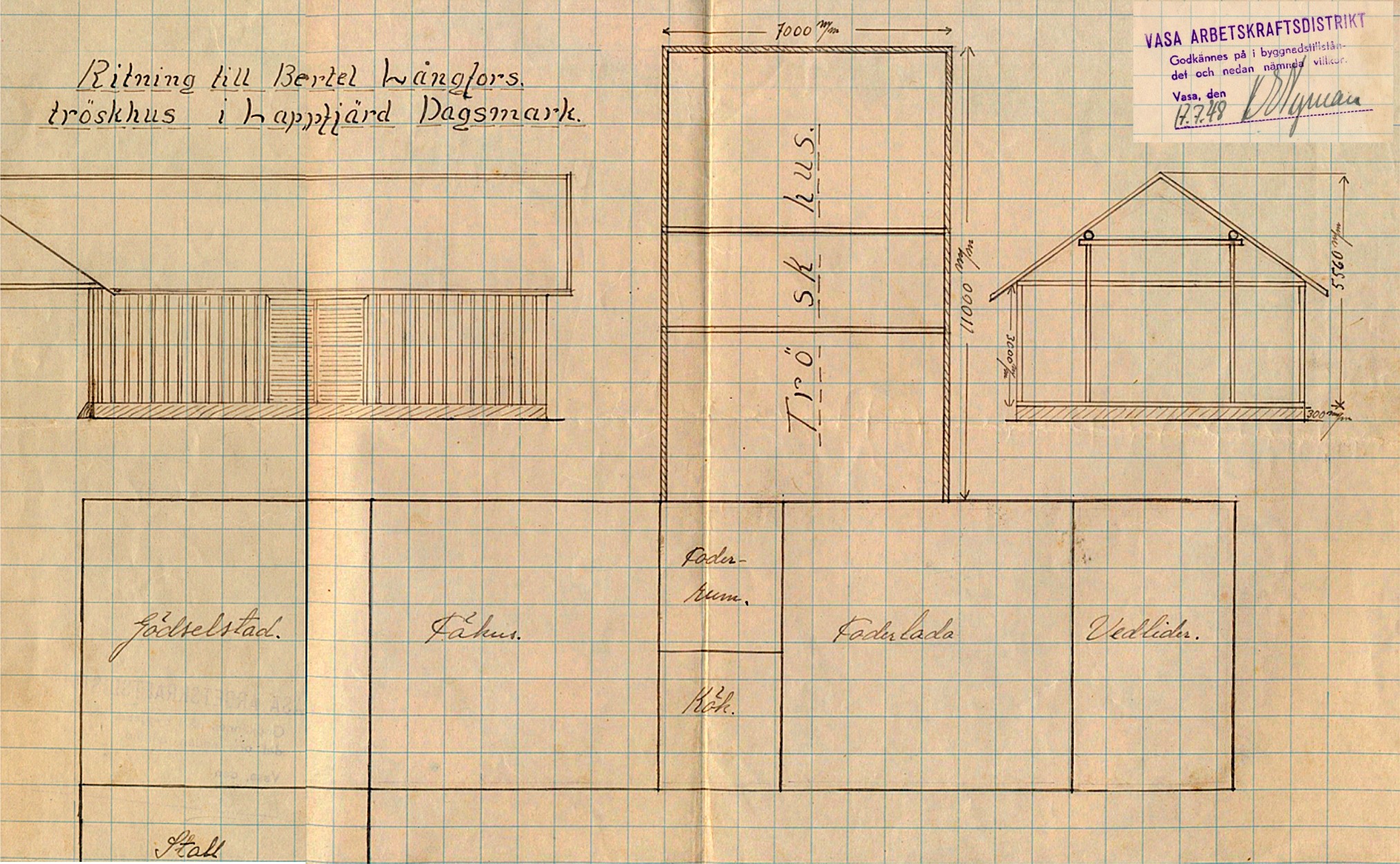 År 1948 gjordes denna ritning på uthuset skulle byggas till med ett tröskhus på baksidan.