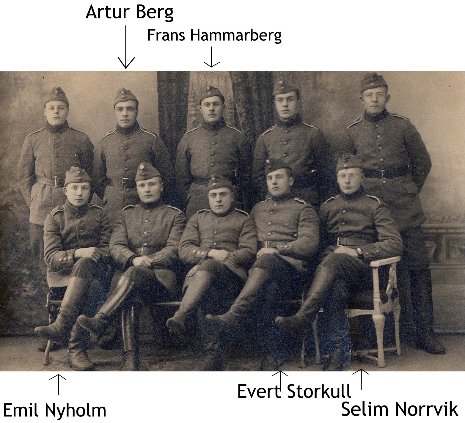 Efter en lång paus på flera år infördes allmän värnplikt i det självständiga Finland år 1918. De här herrarna var nog bland de första som ryckte in.