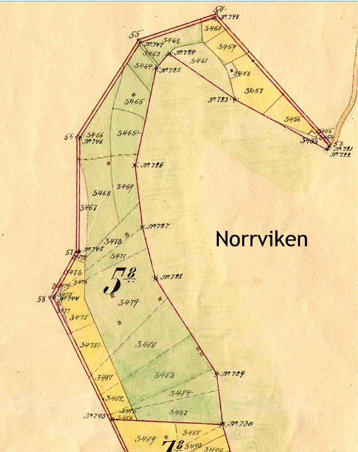 I samband med storskiftet 1900-1912 fick Niklas och Sofia Berg hemmanet 5:8 flyttat till Norrviken. De gula fälten är uppodlade åkrar och de gröna som det finns mest av är ängar, där det gick att slå gräs men som inte odlades.