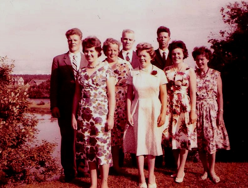 I familjen Grönlund föddes åtta barn. Döttrarna fr.v: Signhild, Elin, Gunvor, Else och Elvy. Sönerna fr.v är Nils, Sigvald och Eskil. Den yngsta dottern är i dag ägare av hemgården. Fotografiet är taget år 1960 på tjärdalen. I bakgrunden syns Kias holmen och Elna och Anselm Lillkulls, senare Håkan Söderqvists hus. 