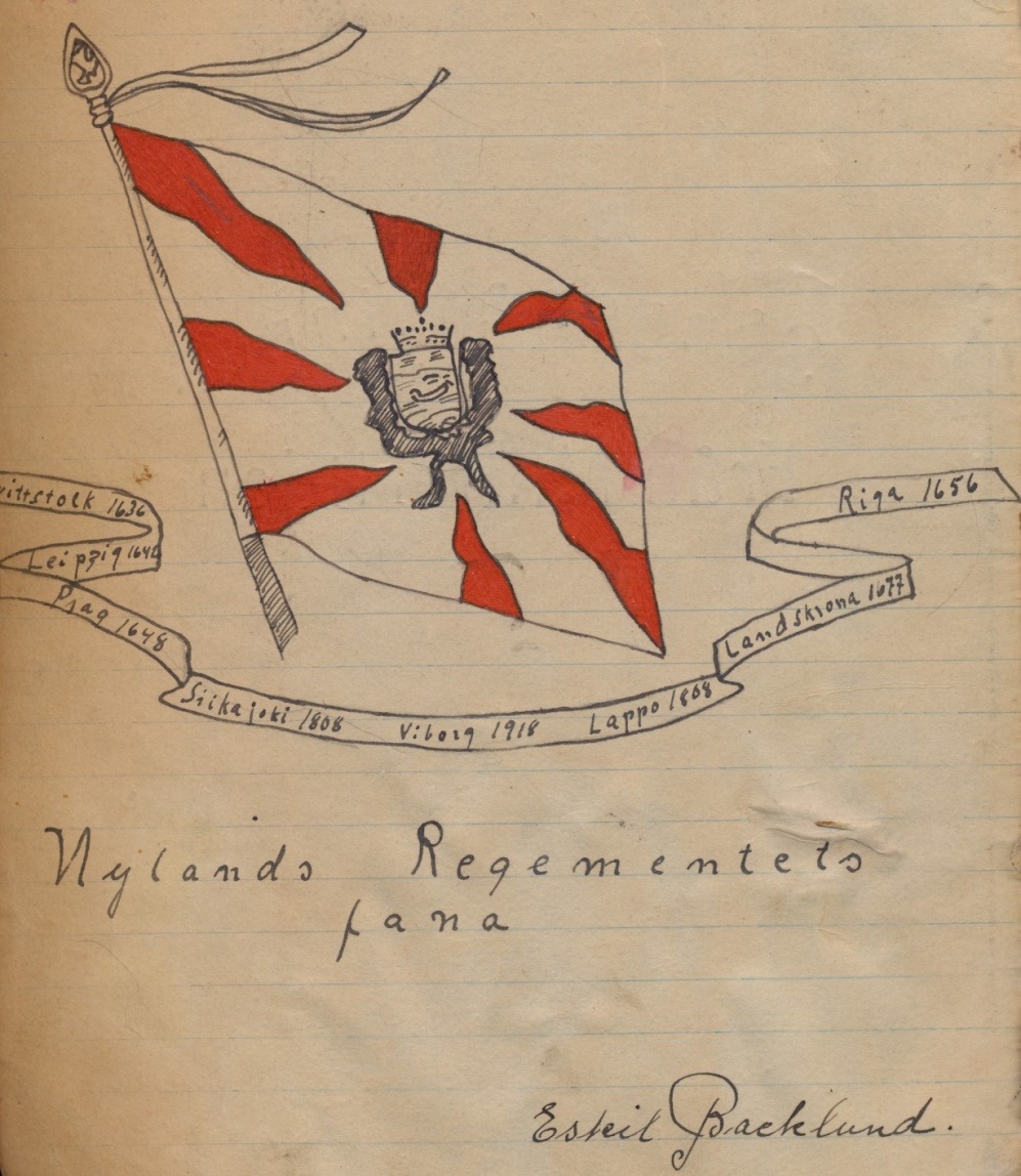 Här har Eskil ritat regementets fana i sin militärbok, året var 1938.