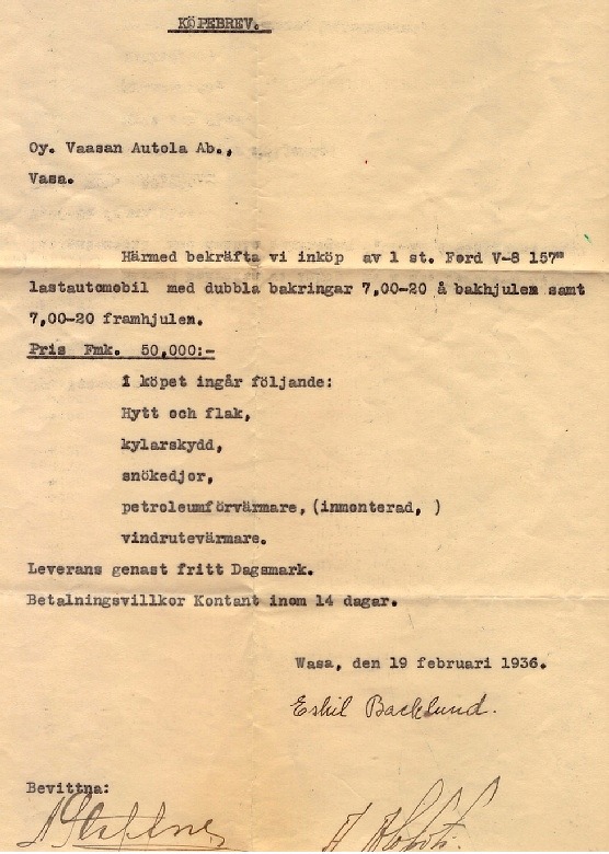 År 1936 köpte Eskil en Ford lastautomobil från Vaasan Autola och med denna körde han virke, mest från Storå till hamnen i Kristinestad. Trots att det inte står i köpekontraktet så antas att lastbilen var ny då han köpte den. 