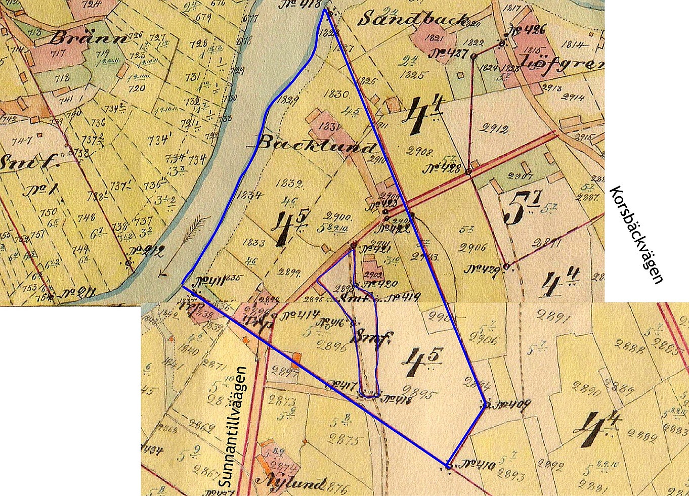 På storskifteskartan från början på 1900-talet så ser vi var Backlunds hemman nr 4:5 fanns på den södra sidan av Lappfjärds å, på båda sidorna om Sunnantillvägen. Bakom Nylundas fanns ett annat skifte som helt naturligt ännu idag kallas för ”Anna skifte”. Därtill fanns det skog på Bergåsen och skog och ängar uppe i Lillsjö. 