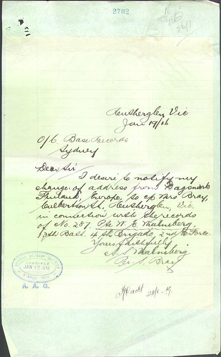 År 1916 korrigerade Amanda Sofia sina adressuppgifter från Dagsmark, Finland, Europe till c/o Mrs Bray, Culbertson Street, Rutherglen, Vic, Australia. 
