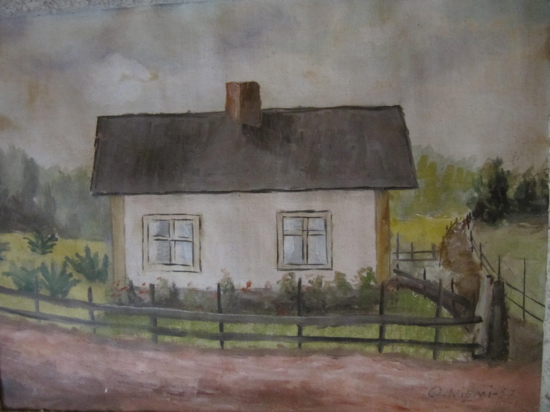 Så här såg Lövholms gård ut enligt Elvis son Olavi Niemi. Olavi gjorde målningen år 1957, då han var endast 10 år gammal.